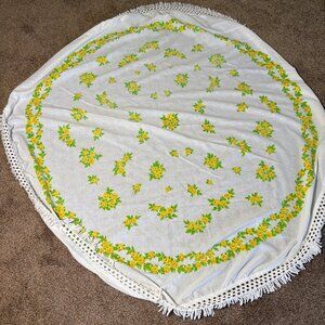 Vintage Yellow Floral Round Tablecloth Whimsical 55" with Fringe